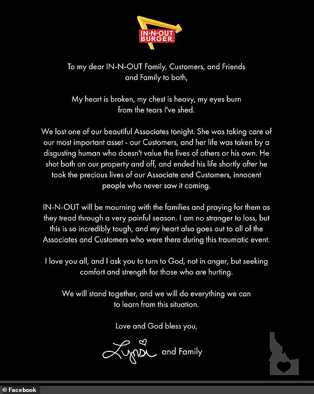 In a statement on Sunday, In-N-Out President Lynsi Snyder shared that a 'beautiful' restaurant employee, whom she did not name, died in the tragedy