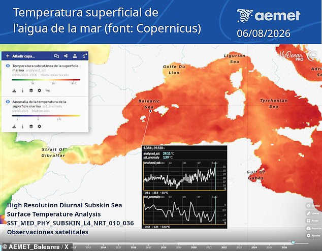 AEMET said on Thursday that the sea surface temperatures just off the coast of Mallorca reached a sweltering 33.02C on Wednesday