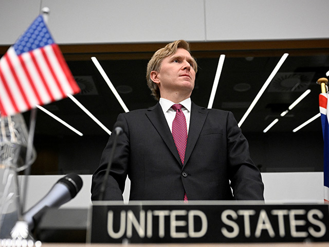 US' Under Secretary of War for Policy Elbridge Colby looks on as he arrives with others to address the media during a defence ministers meeting of The North Atlantic Treaty Organisation (NATO) at NATO Headquarters in Brussels on February 12, 2026. (Photo by JOHN THYS / AFP via Getty Images)