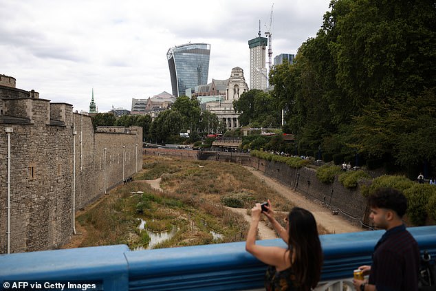 People look at the dry garden outside the Tower of London, turned yellow-brown due to a lack of rain