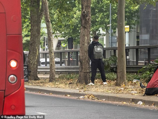 The incident took place on Endell Street, just one mile from the Euston Road encampment. Pictured: A squatter from the camp urinates against a tree at the site