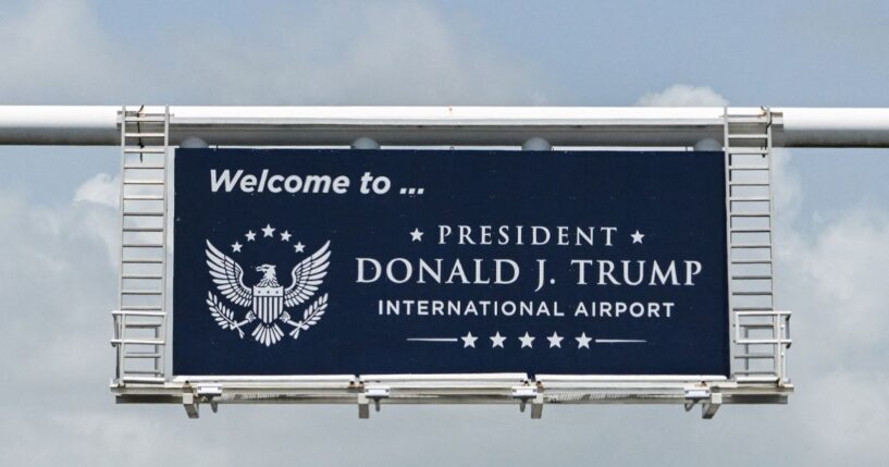 The welcome sign posted outside of the Donald J. Trump International Airport in West Palm Beach, Florida, on July 9, 2026.