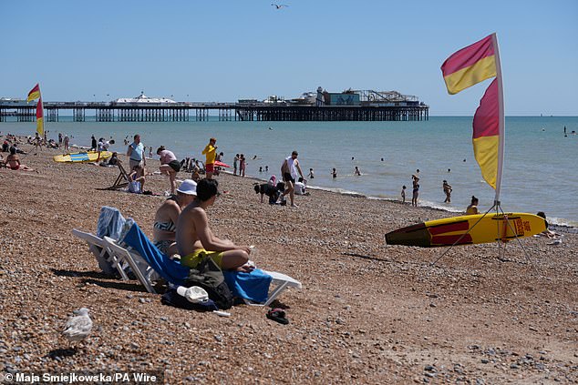 Britons have flocked to the coast and beaches to cool off from extreme heat, including to Brighton in East Sussex (pictured)