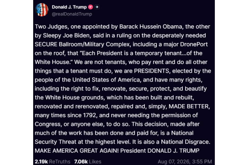President Donald Trump Truth Social post