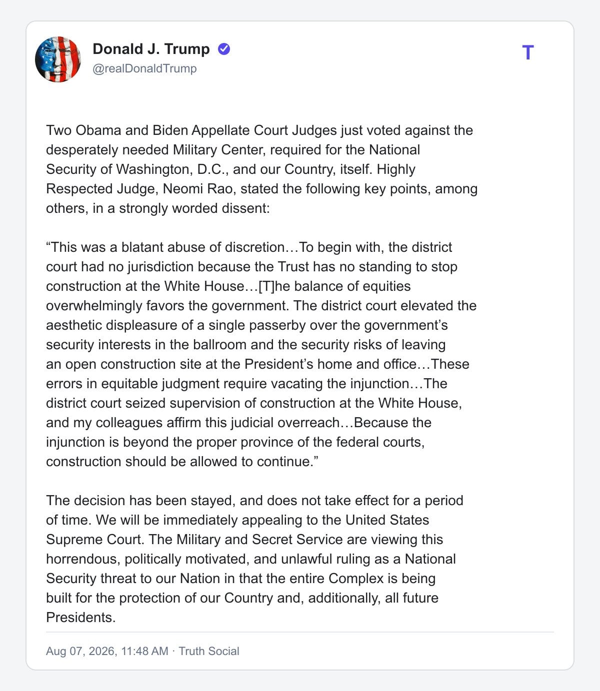 Opening portion of President Trump's August 7, 2026 Truth Social statement about the White House Military Center