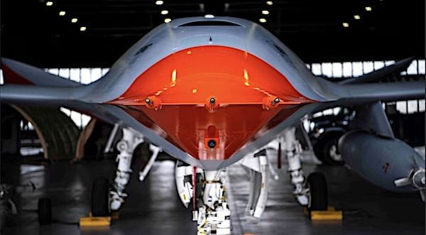 An MQ-25 Stingray sits parked at Scott Air Force Base, Illinois, May 12, 2023. (U.S. Air Force photo by Staff Sgt. Solomon Cook)