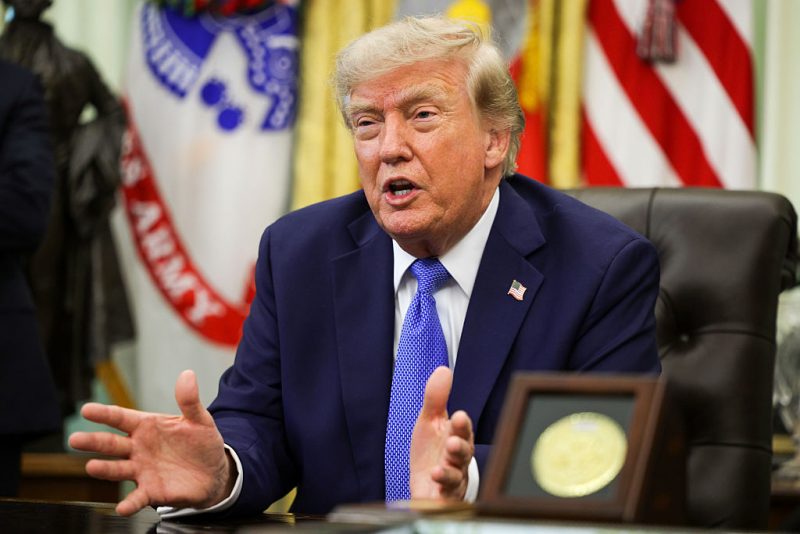 U.S. President Donald Trump speaks during an event in the Oval Office of the White House on August 06, 2026 in Washington, DC. (Photo by Alex Wong/Getty Images)