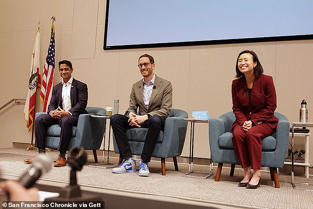Saikat Chakrabarti, state Senator Scott Wiener and Supervisor Connie Chan during San Francisco Congressional District 11 Candidate Forum in January