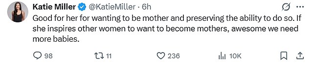 Miller, who recently welcomed a fourth child, wrote on Sunday that she supports Ocasio-Cortez's decision to freeze her eggs and that the world needs 'more babies'