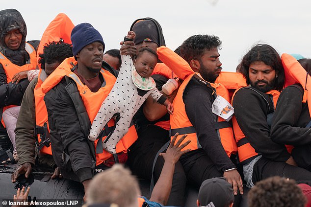 French police stand and watch as months-old baby is carried aboard a packed dinghy headed for Britain