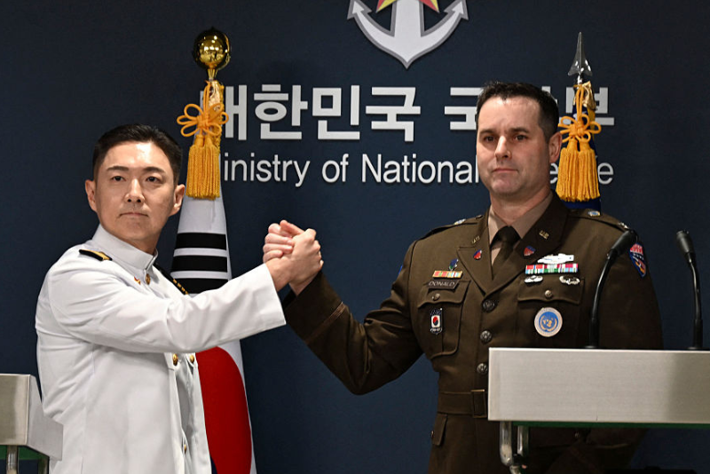 Public Affairs Director of South Korea's Joint Chiefs of Staff Col. Jang Do-young (L) and Public Affairs Director of the United Nations Command, Combined Forces Command, and United States Forces Korea (USFK) Col. Ryan Donald (R) attend a press briefing for the Ulchi Freedom Shield 2026 exercise at the Defence Ministry in Seoul on August 10, 2026. (Photo by SONG Kyung-Seok / POOL / AFP via Getty Images)