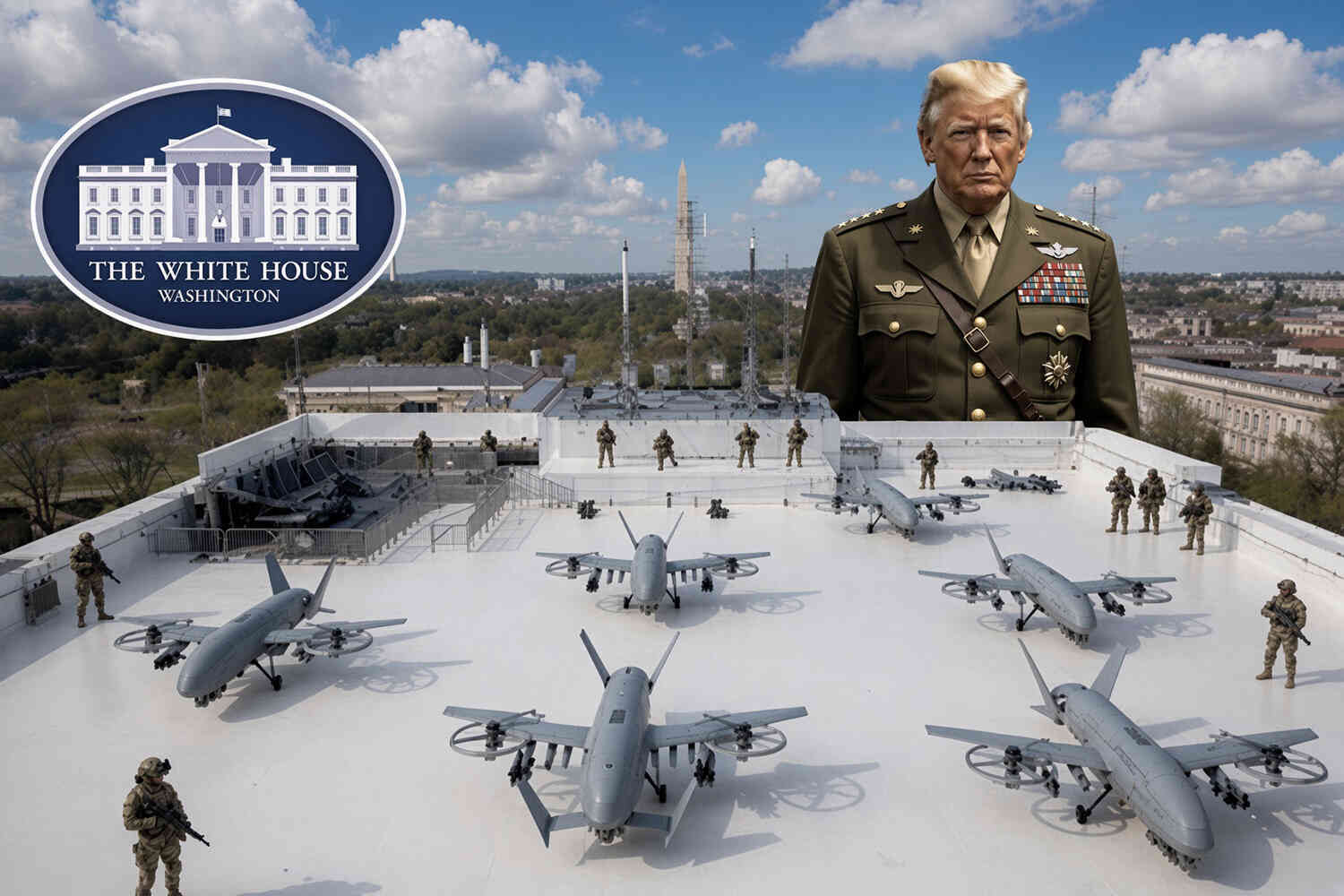 Thumbnail for Trump touts "DronePort" on roof of new White House ballroom after court ruling stalls construction