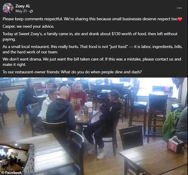 Restaurant owner Zoey Aldahash shared surveillance footage of the four customers after she said they ate their entire meal before running to their car without paying