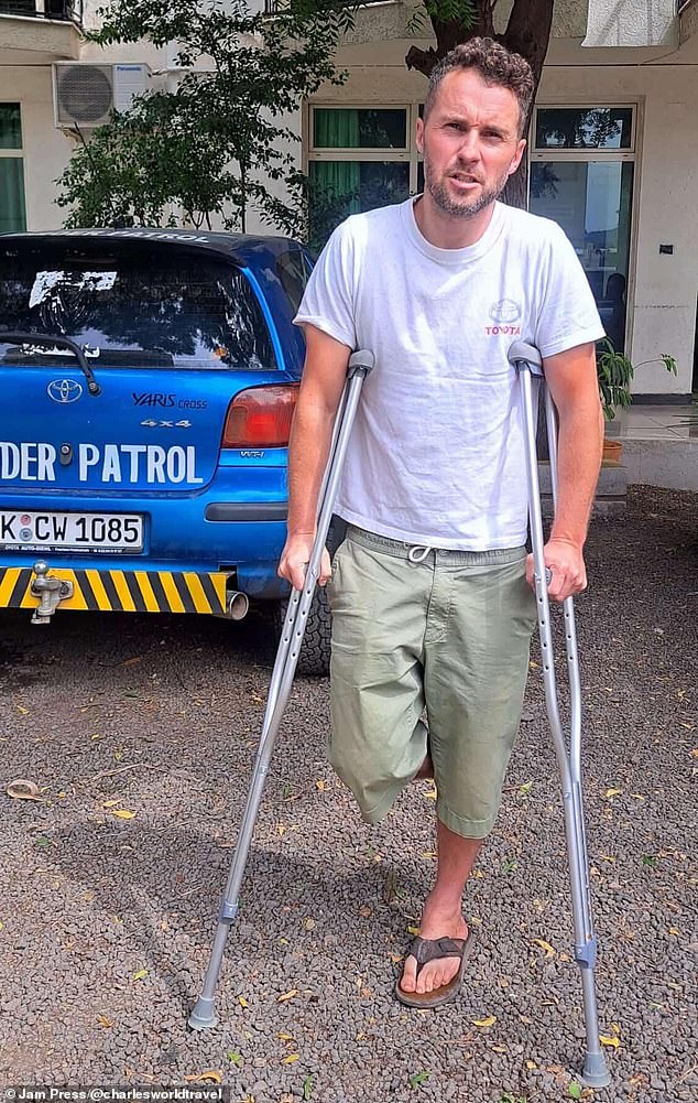 Mr Wright pictured in crutches following his recovery at a hospital in Awash