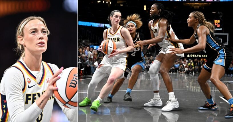 Sophie Cunningham, left, #8 of the Indiana Fever prepares to shoot a free throw and Caitlin Clark, at right, #22 of the Indiana Fever drives to the basket as Te-Hina Paopao #2 and Naz Hillmon #00 of the Atlanta Dream play defense during the overtime Sunday at State Farm Arena in Atlanta, Georgia.
