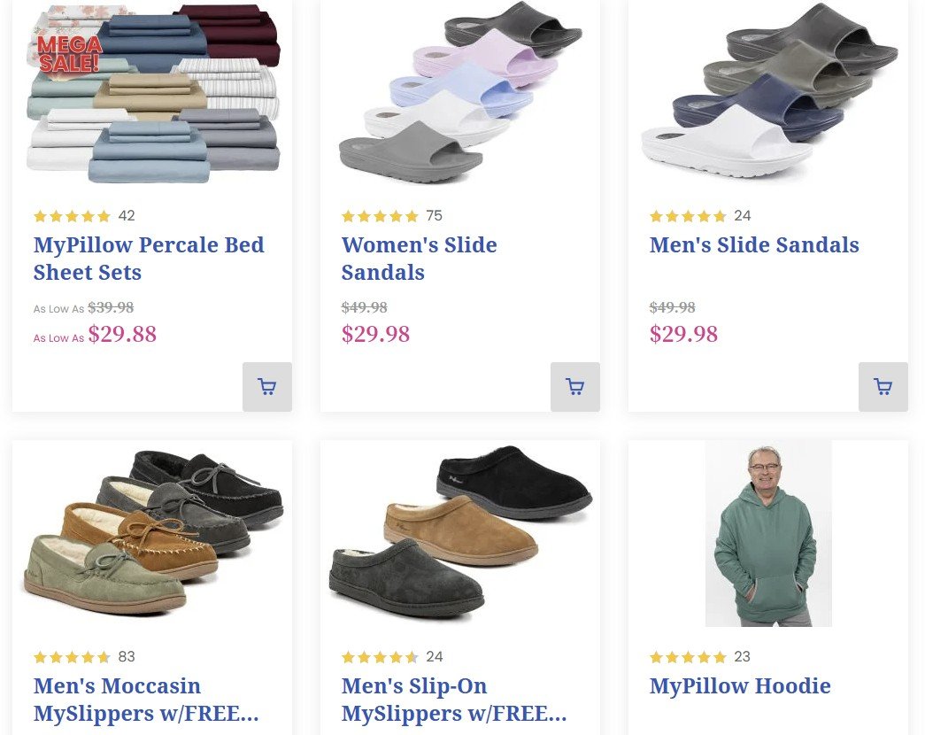 Image showcasing MyPillow products including bed sheets, women's sandals, men's sandals, and slippers, featuring sale prices and customer ratings.