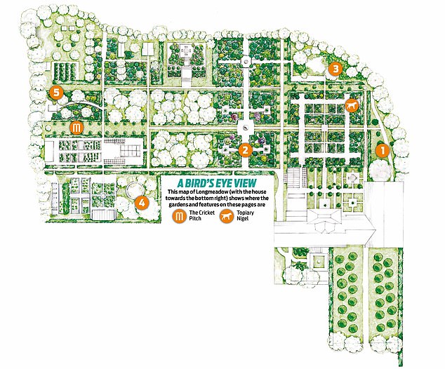 A bird's eye view of Monty Don's garden and it's 'zones': 1. Spring Garden; 2. The Jewel Garden; 3. The Damp Garden; 4. The Wildlife Garden; 5. The Writing Garden