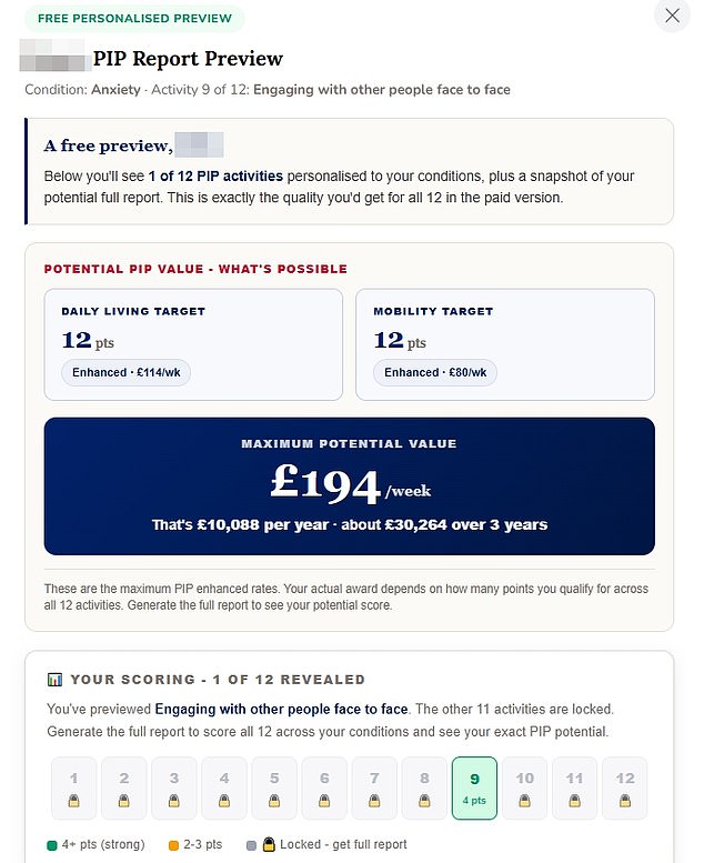 When the Daily Mail carried out the site's free survey - citing 'anxiety' as the disability - the results state an individual could receive up to £194 a week (£30,264 over three years) if they use the website's services