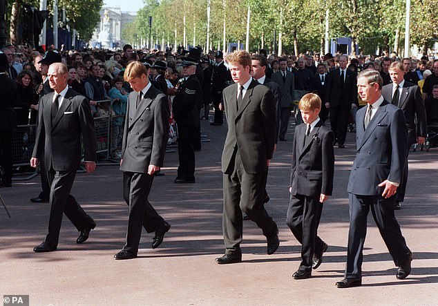 Prince Philip, Prince William, Earl Spencer, Prince Harry and Prince Charles follow behind Princess Diana's coffin during the funeral procession to Westminster Abbey in September 1997