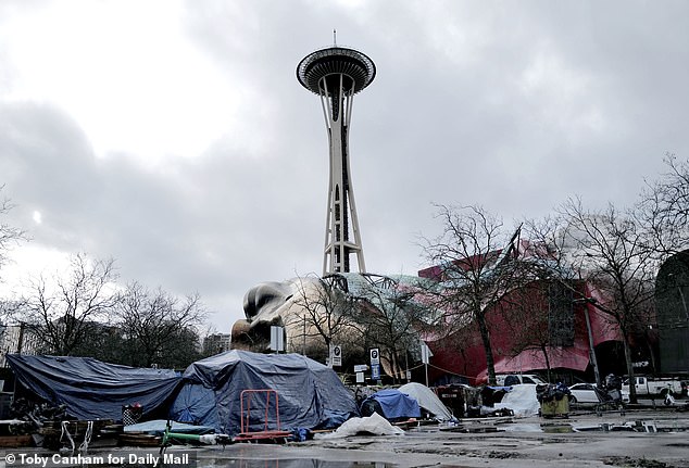 Wilson has come under mounting scrutiny for her mayorship this year. Pictured: Seattle's iconic Space Needle and Museum of Pop Culture were blighted by tent encampments when the Daily Mail visited earlier this year