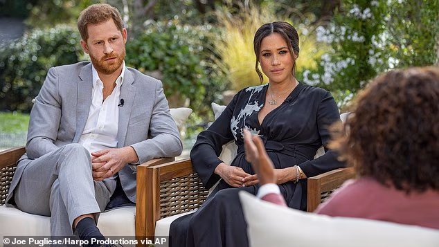 Prince Harry and Meghan Markle during their Oprah Winfrey interview on CBS in March 2021.