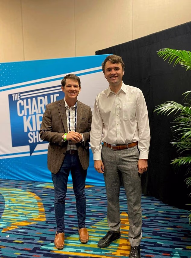 This 2019 photo shows Iowa Republican congressional candidate Joe Mitchell, left, and former conservative activist Charlie Kirk, who was assassinated in 2025