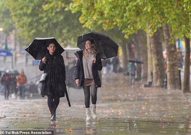 Two people walking in the rain along Victoria Embankment in London