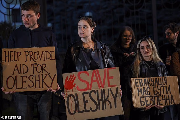 Ukrainians in Kyiv held a demonstration earlier this month asking for help in saving Oleshky, where civilians are facing dire conditions