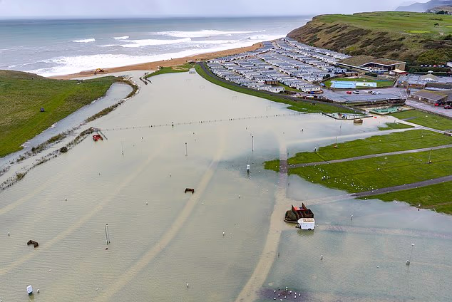 Much of the Freshwater Beach Holiday Park in Dorset is underwater after heavy rain today