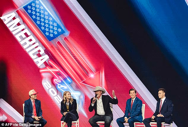 Chief Operating Officer of Turning Point Action Tyler Bowyer (L) presents next-generation expected representatives Amanda McKinney, former Sheriff Mark Lamb, Joe Mitchell and Michael Alfonso during Turning Point USA's annual AmericaFest conference in Phoenix, Arizona, on December 21, 2025
