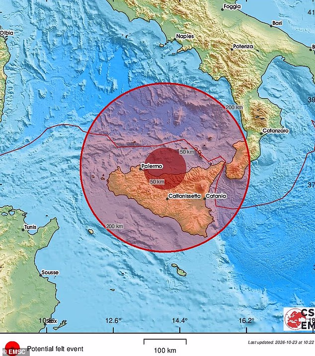Tremors were felt on the island of Sicily