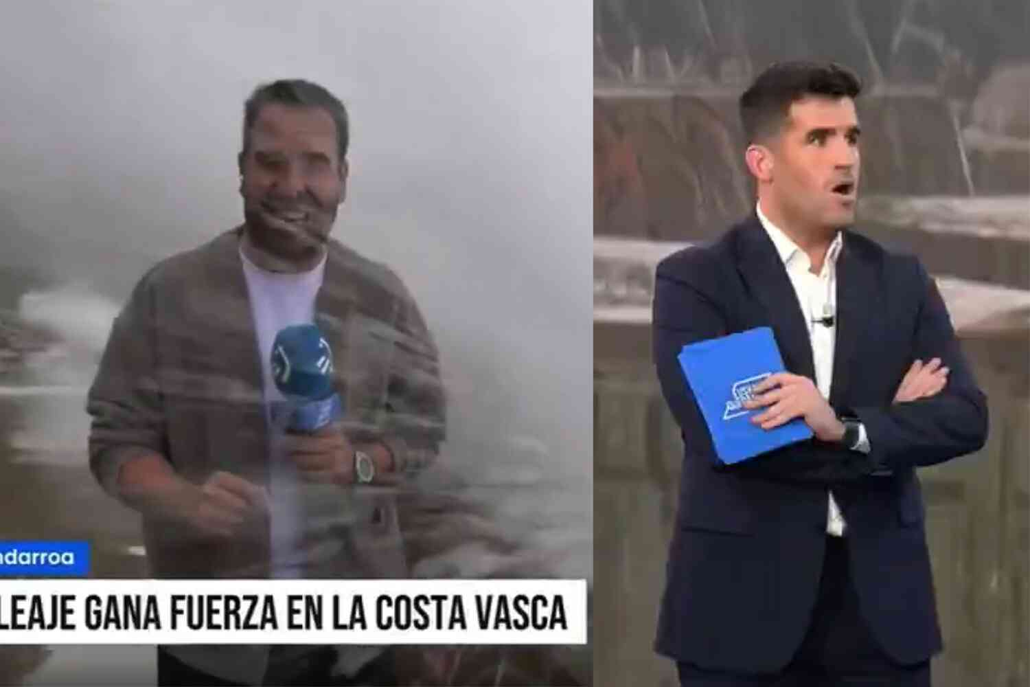 Spanish weatherman gets knocked down by wave during report on treacherous seas, leaving studio co-host shocked