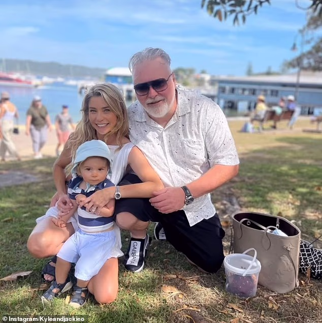 Sandilands bought the property when the then king of FM radio was just weeks away from welcoming his first child, Otto, with wife Tegan Kynaston (above, the family together)