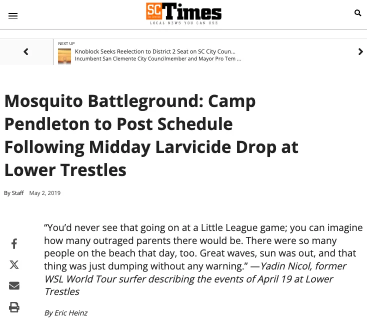 May 2, 2019, San Clemente Times investigation reporting on an April 19 helicopter larvicide drop at Lower Trestles near Camp Pendleton that caught beachgoers unaware.