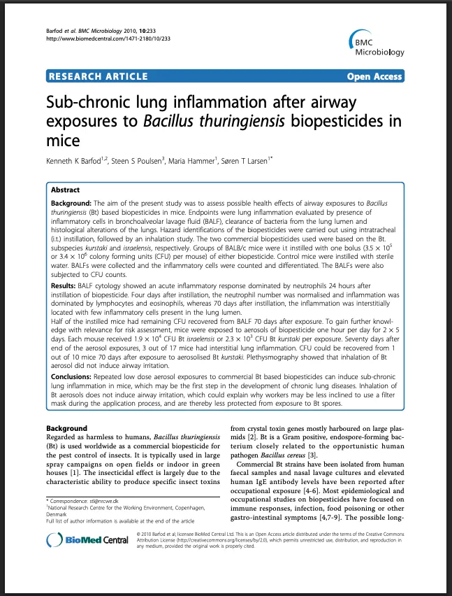 2010 peer-reviewed study in BMC Microbiology documenting persistent lung inflammation in mice exposed to commercial Bacillus thuringiensis biopesticides.