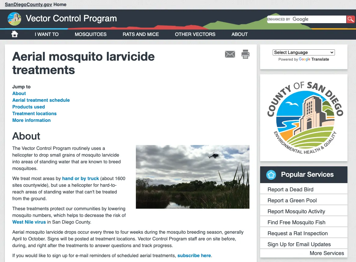 San Diego County Vector Control Program webpage detailing recurring helicopter applications of mosquito larvicides into standing water across the county.