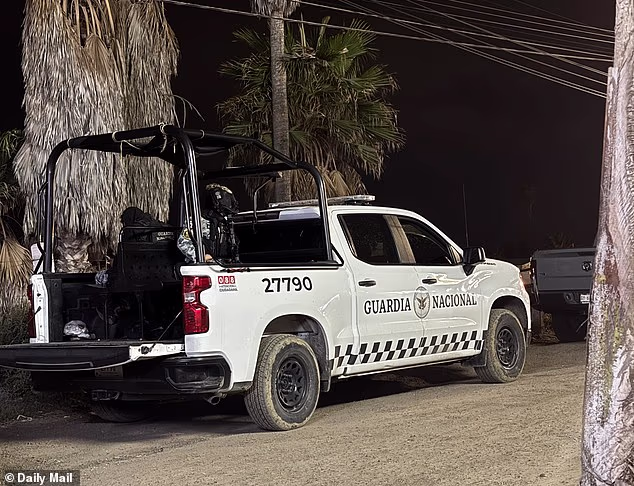 A Mexican Guardia Nacional truck is pictured outside the Rosarito storage facility early Saturday