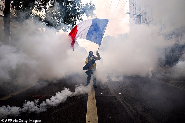 A protestor waves a French flag among tear gas smokes while taking part in the nationwide demonstration in Lyon