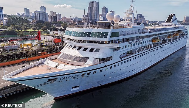 The Villa Vie Odyssey cruise ship docks at Sihanoukville autonomous port after permanent residents living on the vessel were forced to disembark in Cambodia