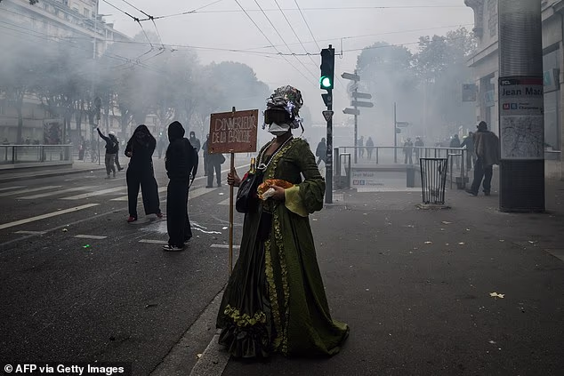 A protester wearing a Marie-Antoinette costume holds a placard reading "Give them brioche" as tear gas fills the air during a demonstration in Lyon