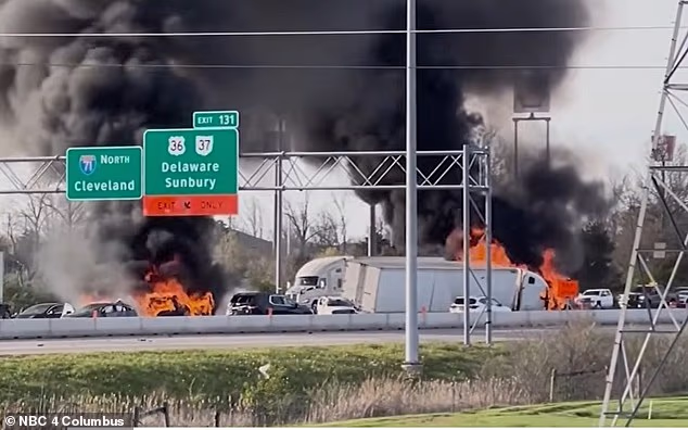 Horrifying footage shows vehicles engulfed in flames after Ngom's truck slammed into traffic, killing the family of three and leaving five other people seriously injured