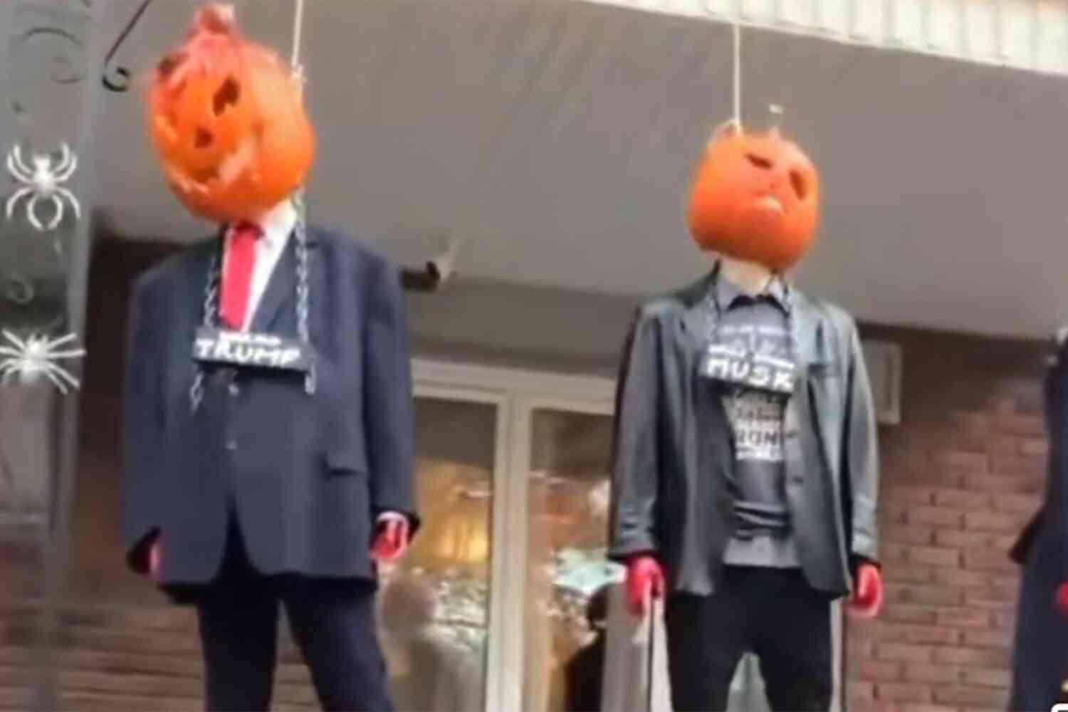 Thumbnail for Libs decorate for Halloween by hanging Donald Trump and Elon Musk effigies from porch and that's not the worst part