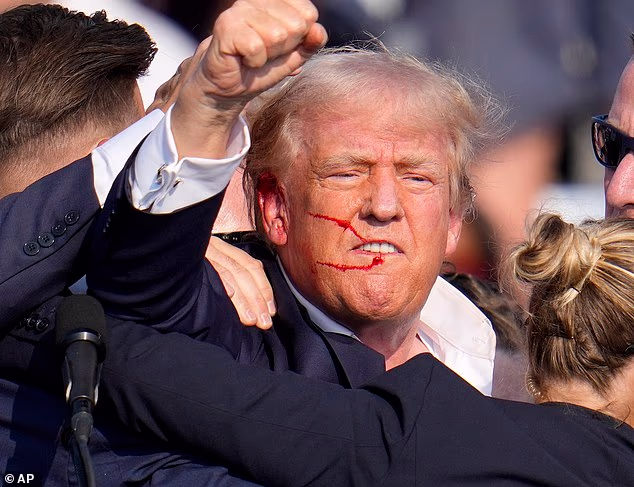 In July 2024, Trump was wounded in the ear during a shooting at a rally in Butler, Pennsylvania, that left one person dead and two others injured (pictured). Gunman Thomas Crooks was killed by police