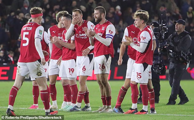 Fleetwood Town players before the winning penalty during the EFL Cup match against Arsenal