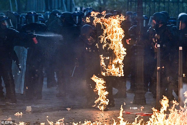 The officer dropped to the ground on a Paris street as colleagues desperately used a fire extinguisher to put out the flames