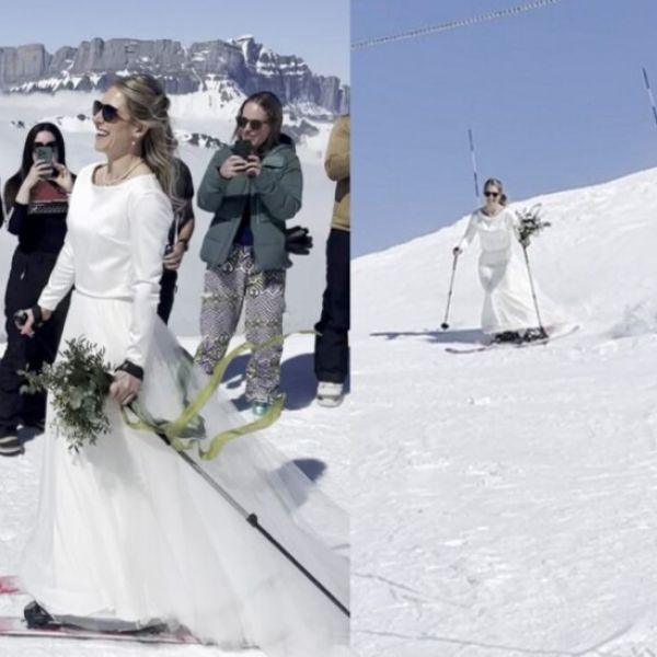 Bride Skis Down the Aisle in her Wedding Dress to Get Married at 8,000-feet (WATCH)